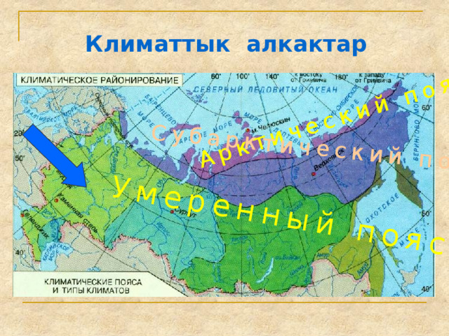 Арктический пояс Субарктический пояс Умеренный пояс Климаттык алкактар 