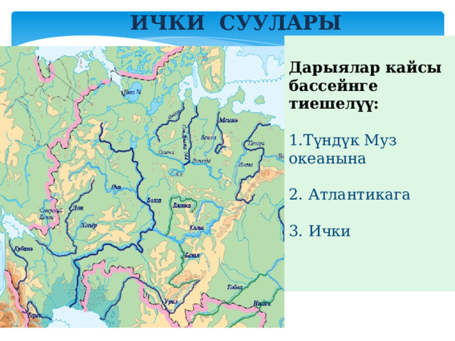 ички суулары Дарыялар кайсы бассейнге тиешелүү: 1.Түндүк Муз океанына 2. Атлантикага 3. Ички  