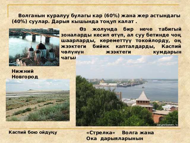  Волганын куралуу булагы кар (60%) жана жер астындагы (40%) суулар. Дарыя кышында тоңуп калат .  Өз жолунда бир нече табигый зоналарды кесип өтүп, ал суу бетинде чоң шаарларды, кереметтүү токойлорду, оң жээктеги бийик капталдарды, Каспий чөлүнүн жээктеги кумдарын чагылдырат . Нижний Новгород «Стрелка» Волга жана Ока дарыяларынын кошулушу. Каспий бою ойдуңу 