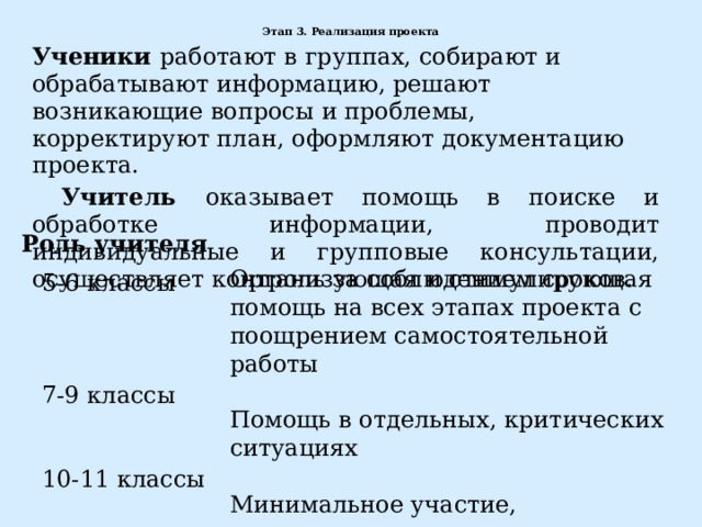 Этап 3. Реализация проекта   Ученики работают в группах, собирают и обрабатывают информацию, решают возникающие вопросы и проблемы, корректируют план, оформляют документацию проекта.  Учитель оказывает помощь в поиске и обработке информации, проводит индивидуальные и групповые консультации, осуществляет контроль за соблюдением сроков. Роль учителя Организующая и стимулирующая помощь на всех этапах проекта с поощрением самостоятельной работы Помощь в отдельных, критических ситуациях Минимальное участие, консультации по запросу учащихся 5-6 классы 7-9 классы 10-11 классы 