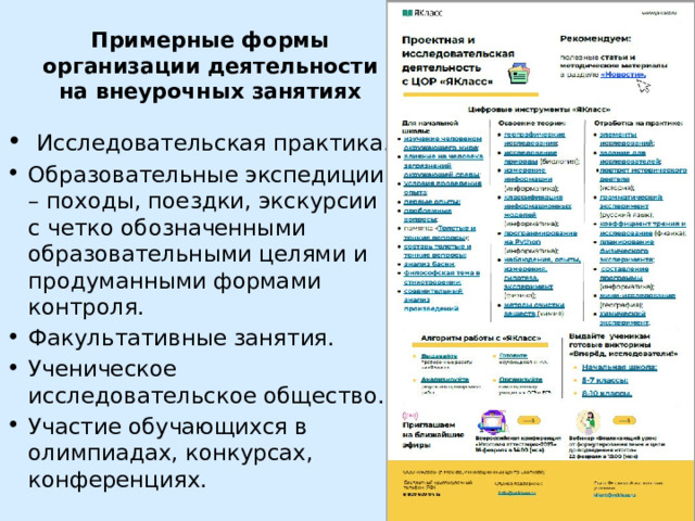 Примерные формы организации деятельности на внеурочных занятиях  Исследовательская практика. Образовательные экспедиции – походы, поездки, экскурсии с четко обозначенными образовательными целями и продуманными формами контроля. Факультативные занятия. Ученическое исследовательское общество. Участие обучающихся в олимпиадах, конкурсах, конференциях. 