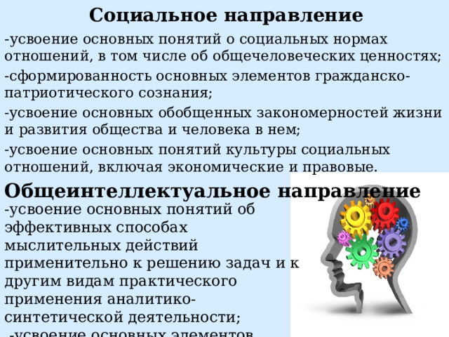 Социальное направление - усвоение основных понятий о социальных нормах отношений, в том числе об общечеловеческих ценностях; -сформированность основных элементов гражданско-патриотического сознания; -усвоение основных обобщенных закономерностей жизни и развития общества и человека в нем; -усвоение основных понятий культуры социальных отношений, включая экономические и правовые. Общеинтеллектуальное направление -усвоение основных понятий об эффективных способах мыслительных действий применительно к решению задач и к другим видам практического применения аналитико-синтетической деятельности;  -усвоение основных элементов общенаучных методов познания.   