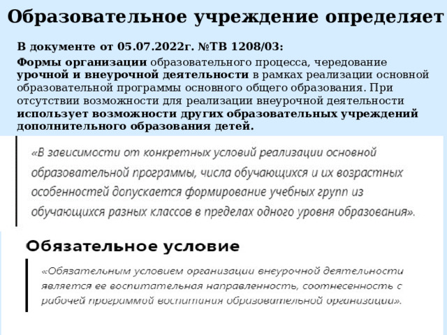 Образовательное учреждение определяет В документе от 05.07.2022г. №ТВ 1208/03: Формы организации образовательного процесса, чередование урочной и внеурочной деятельности в рамках реализации основной образовательной программы основного общего образования. При отсутствии возможности для реализации внеурочной деятельности использует возможности других образовательных учреждений дополнительного образования детей. 