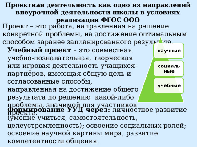 Проектная деятельность как одно из направлений внеурочной деятельности школы в условиях реализации ФГОС ООО Проект – это работа, направленная на решение конкретной проблемы, на достижение оптимальным способом заранее запланированного результата. научные Учебный проект – это совместная учебно-познавательная, творческая или игровая деятельность учащихся-партнёров, имеющая общую цель и согласованные способы, направленная на достижение общего результата по решению какой-либо проблемы, значимой для участников проекта. социальные учебные Формирование УУД через: личностное развитие (умение учиться, самостоятельность, целеустремленность); освоение социальных ролей; освоение научной картины мира; развитие компетентности общения. 