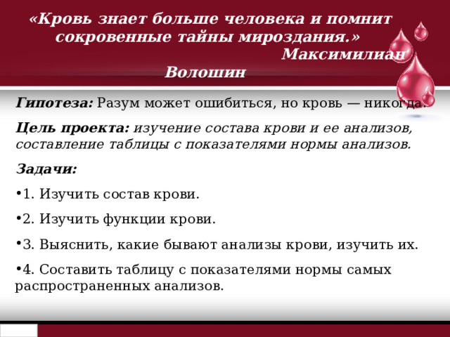 «Кровь знает больше человека и помнит сокровенные тайны мироздания.»  Максимилиан Волошин Гипотеза: Разум может ошибиться, но кровь — никогда. Цель проекта:  изучение состава крови и ее анализов, составление таблицы с показателями нормы анализов. Задачи: 1. Изучить состав крови. 2. Изучить функции крови. 3. Выяснить, какие бывают анализы крови, изучить их. 4. Составить таблицу с показателями нормы самых распространенных анализов. 