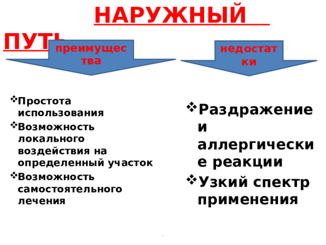     НАРУЖНЫЙ ПУТЬ       преимущества недостатки Раздражение и аллергические реакции Узкий спектр применения Простота использования Возможность локального воздействия на определенный участок Возможность самостоятельного лечения . 