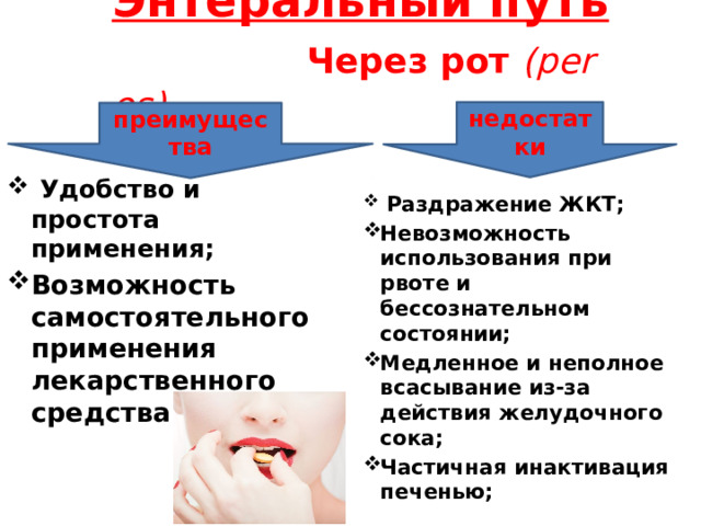       Энтеральный путь   Через рот (per os)        недостатки преимущества  Удобство и простота применения; Возможность самостоятельного применения лекарственного средства .  Раздражение ЖКТ; Невозможность использования при рвоте и бессознательном состоянии; Медленное и неполное всасывание из-за действия желудочного сока; Частичная инактивация печенью;   