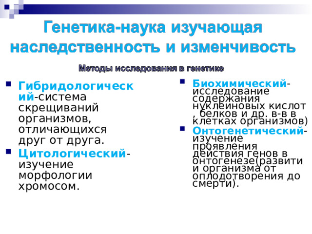 Гибридологический -система скрещиваний организмов, отличающихся друг от друга. Цитологический - изучение морфологии хромосом.  Биохимический - исследование содержания нуклеиновых кислот , белков и др. в-в в клетках организмов) Онтогенетический -изучение проявления действия генов в онтогенезе(развитии организма от оплодотворения до смерти). 