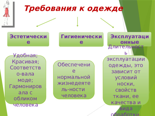 Требования к одежде Эксплуатационные Эстетические Гигиенические Удобная; Длительность эксплуатации одежды, это зависит от условий носки, свойств ткани, ее качества и вида обработки. Красивая; Соответство-вала моде; Гармонировала с обликом человека Обеспечение нормальной жизнедеятель-ности человека 