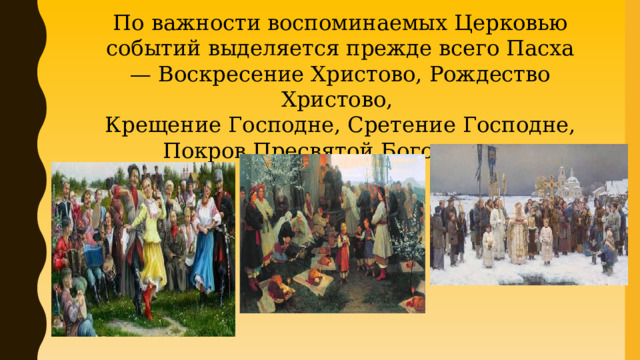 По важности воспоминаемых Церковью событий выделяется прежде всего Пасха — Воскресение Христово, Рождество Христово, Крещение Господне, Сретение Господне, Покров Пресвятой Богородицы 