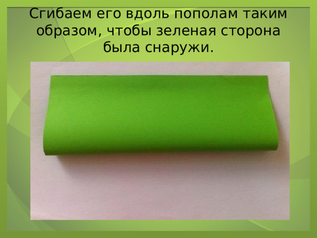 Сгибаем его вдоль пополам таким образом, чтобы зеленая сторона была снаружи. 