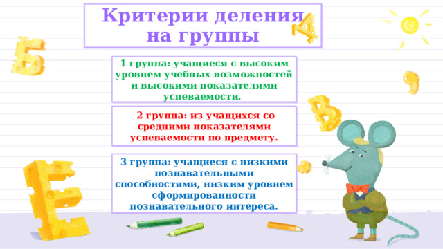 Критерии деления на группы 1 группа: учащиеся с высоким уровнем учебных возможностей и высокими показателями успеваемости.  2 группа: из учащихся со средними показателями успеваемости по предмету. 3 группа: учащиеся с низкими познавательными способностями, низким уровнем сформированности познавательного интереса. 