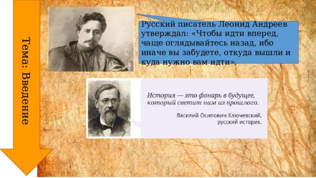 Тема: Введение Русский писатель Леонид Ан­дреев утверждал: «Чтобы идти вперед, чаще оглядывайтесь назад, ибо иначе вы забудете, откуда вышли и куда нужно вам идти». 