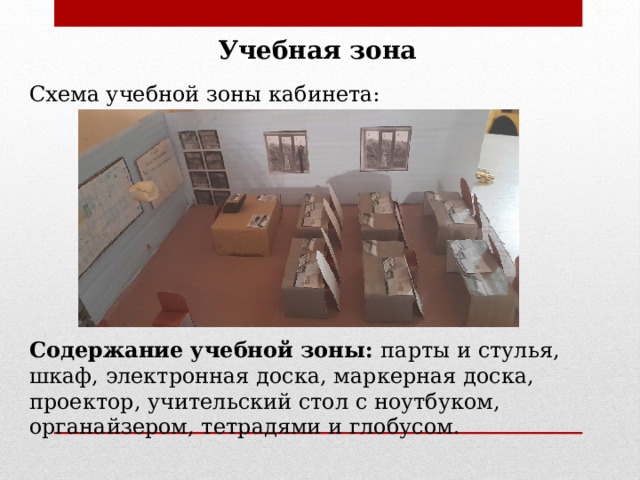 Учебная зона Схема учебной зоны кабинета: Содержание учебной зоны: парты и стулья, шкаф, электронная доска, маркерная доска, проектор, учительский стол с ноутбуком, органайзером, тетрадями и глобусом. 