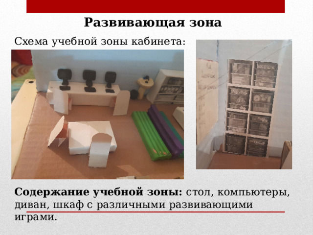 Развивающая зона Схема учебной зоны кабинета: Содержание учебной зоны: стол, компьютеры, диван, шкаф с различными развивающими играми. 