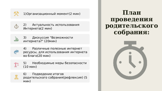 План проведения родительского собрания: 1)Организационный момент(2 мин)  2)      Актуальность использования Интернета(2 мин) 3)      Дискуссия 