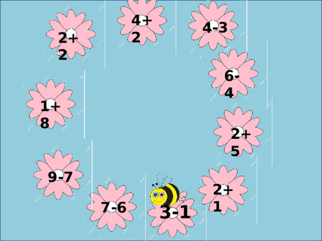 4+2 4-3 2+2 6-4 1+8 2+5 9-7 2+1 7-6 3-1 