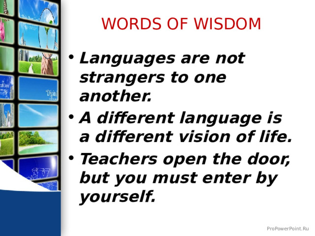 WORDS OF WISDOM Languages are not strangers to one another.  A different language is a different vision of life. Teachers open the door, but you must enter by yourself.  