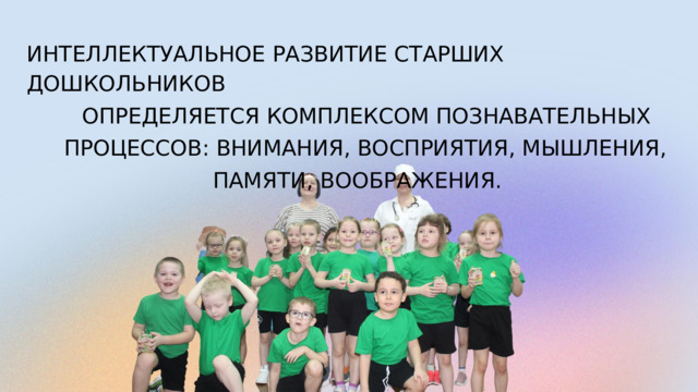 ИНТЕЛЛЕКТУАЛЬНОЕ  РАЗВИТИЕ  СТАРШИХ  ДОШКОЛЬНИКОВ ОПРЕДЕЛЯЕТСЯ  КОМПЛЕКСОМ  ПОЗНАВАТЕЛЬНЫХ ПРОЦЕССОВ:  ВНИМАНИЯ,  ВОСПРИЯТИЯ,  МЫШЛЕНИЯ, ПАМЯТИ,  ВООБРАЖЕНИЯ. 