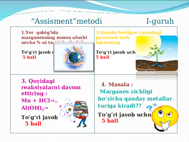 “ Assisment”metodi I-guruh 1.Yer qobig’ida marganesning massa ulushi necha % ni tashkil qiladi ?   To’g’ri javob uchun :  5 ball 3. Quyidagi reaksiyalarni davom ettiring : Mn + HCl→… Al(OH) 3 → 2.Quyida berilgan rasmdagi jarayonni izoh lab bering  To’g’ri javob uchun :   4. Masala :  To’g’ri javob uchun :  5 ball 5 ball  Marganes zichligi bo’yicha qanday metallar turiga kiradi?? To’g’ri javob uchun :  5 ball 