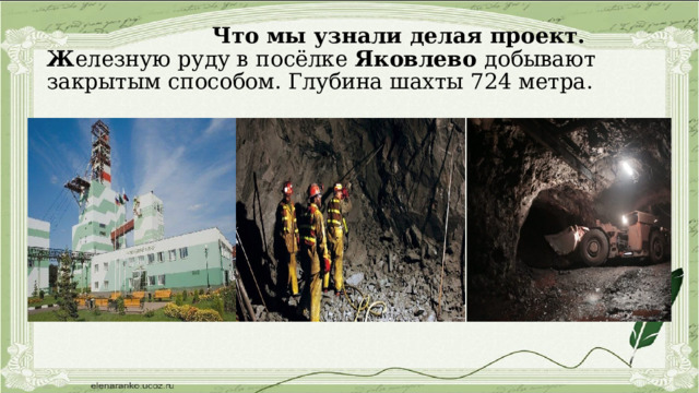  Что мы узнали делая проект.  Ж елезную руду в посёлке Яковлево добывают закрытым способом. Глубина шахты 724 метра. 