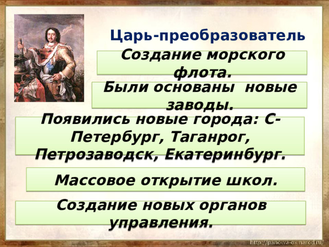 Царь-преобразователь Создание морского флота. Были основаны новые заводы. Появились новые города: С-Петербург, Таганрог, Петрозаводск, Екатеринбург. Массовое открытие школ. Создание новых органов управления. 