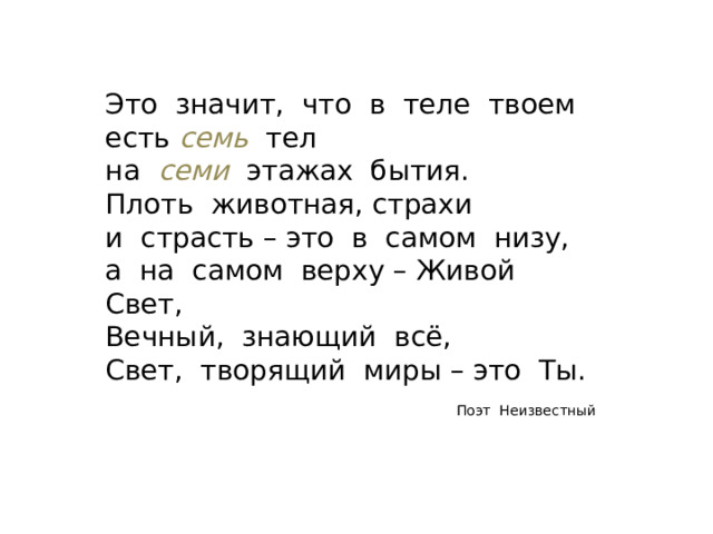 Это значит, что в теле твоем есть семь тел на семи  этажах бытия. Плоть животная, страхи и страсть – это в самом низу, а на самом верху – Живой Свет, Вечный, знающий всё, Свет, творящий миры – это Ты. Поэт Неизвестный 