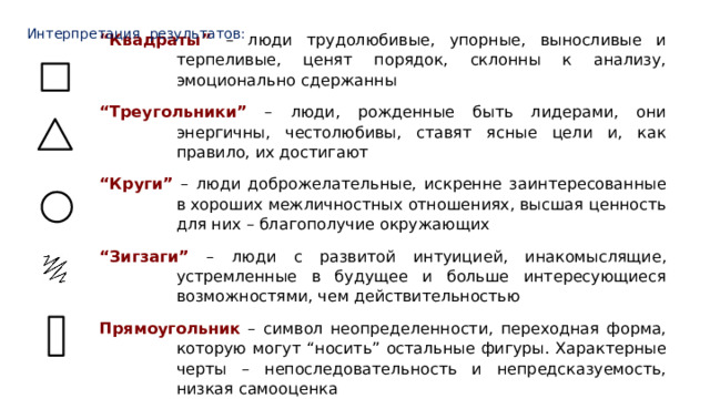 “ Квадраты” – люди трудолюбивые, упорные, выносливые и терпеливые, ценят порядок, склонны к анализу, эмоционально сдержанны “ Треугольники” – люди, рожденные быть лидерами, они энергичны, честолюбивы, ставят ясные цели и, как правило, их достигают “ Круги” – люди доброжелательные, искренне заинтересованные в хороших межличностных отношениях, высшая ценность для них – благополучие окружающих “ Зигзаги” – люди с развитой интуицией, инакомыслящие, устремленные в будущее и больше интересующиеся возможностями, чем действительностью Прямоугольник – символ неопределенности, переходная форма, которую могут “носить” остальные фигуры. Характерные черты – непоследовательность и непредсказуемость, низкая самооценка Интерпретация результатов: 