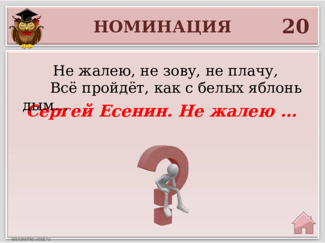 20 НОМИНАЦИЯ Не жалею, не зову, не плачу,  Всё пройдёт, как с белых яблонь дым… Сергей Есенин. Не жалею … 