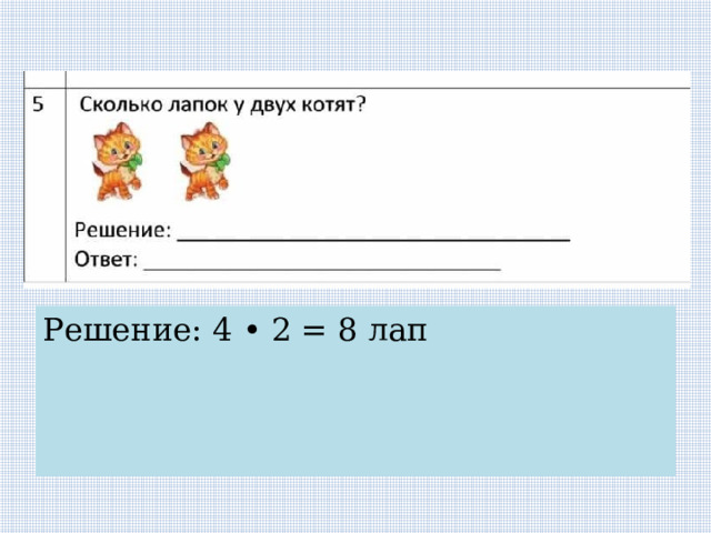 Решение: 4 • 2 = 8 лап 