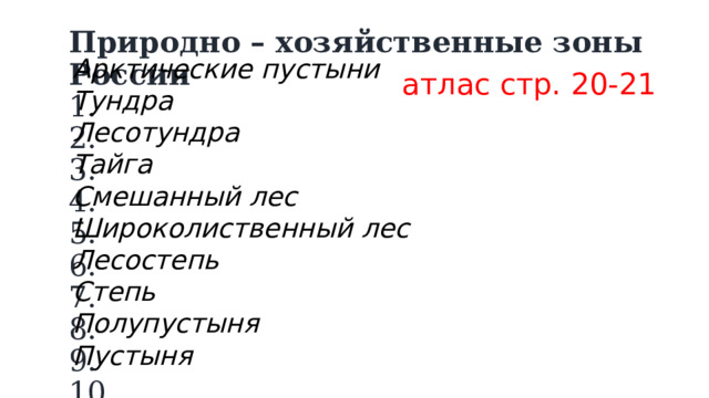 Природно – хозяйственные зоны России 1. 2. 3. 4. 5. 6. 7. 8. 9. 10. Арктические пустыни Тундра Лесотундра Тайга Смешанный лес Широколиственный лес Лесостепь Степь Полупустыня Пустыня атлас стр. 20-21 