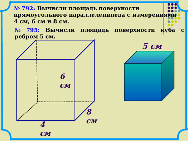 № 792: Вычисли площадь поверхности прямоугольного параллелепипеда с измерениями 4 см, 6 см и 8 см. № 795: Вычисли площадь поверхности куба с ребром 5 см. 5 см  6 см  8 см  4 см  22 