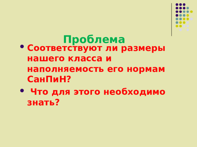 Проблема Соответствуют ли размеры нашего класса и наполняемость его нормам СанПиН?  Что для этого необходимо знать? 