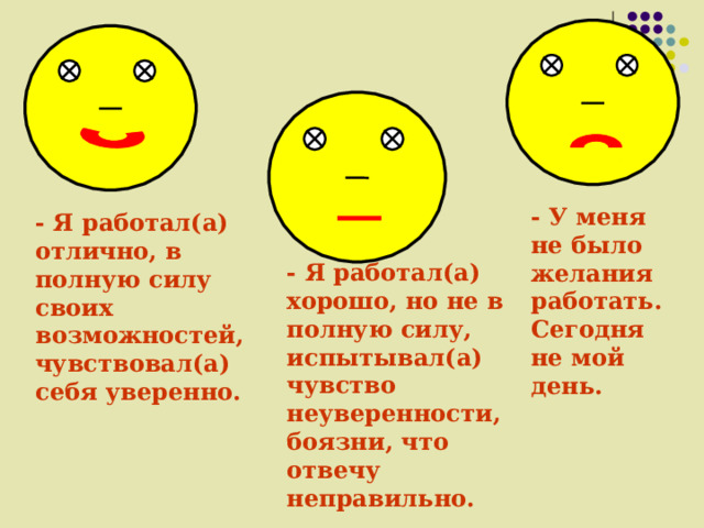 - У меня не было желания работать. Сегодня не мой день.  - Я работал(а) отлично, в полную силу своих возможностей, чувствовал(а) себя уверенно.  - Я работал(а) хорошо, но не в полную силу, испытывал(а) чувство неуверенности, боязни, что отвечу неправильно.   