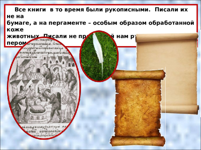  Все книги в то время были рукописными. Писали их не на бумаге, а на пергаменте – особым образом обработанной коже животных. Писали не привычной нам ручкой, а гусиным пером. 
