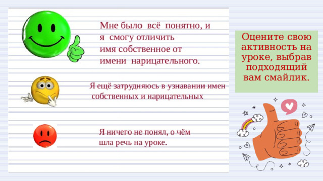Оцените свою активность на уроке, выбрав подходящий вам смайлик. 