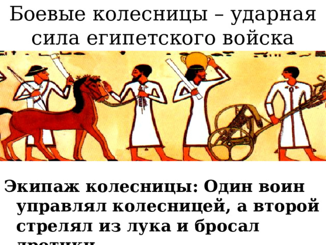 Боевые колесницы – ударная сила египетского войска Экипаж колесницы: Один воин управлял колесницей, а второй стрелял из лука и бросал дротики. 