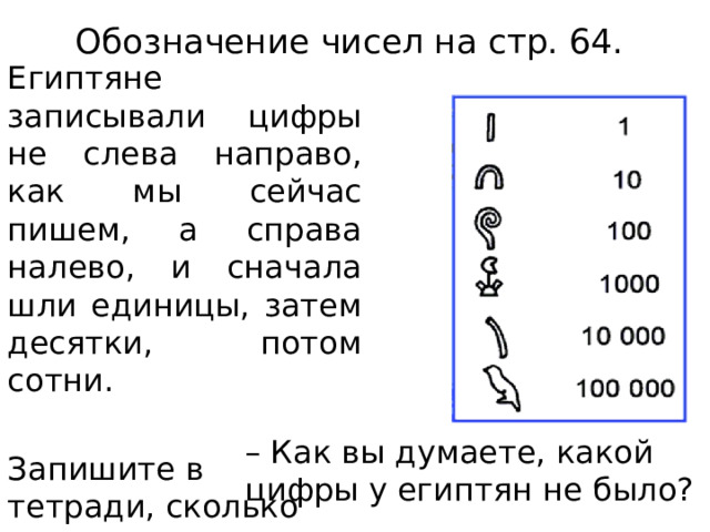 Обозначение чисел на стр. 64.   Египтяне записывали цифры не слева направо, как мы сейчас пишем, а справа налево, и сначала шли единицы, затем десятки, потом сотни. Запишите в тетради, сколько вам лет. – Как вы думаете, какой цифры у египтян не было? 