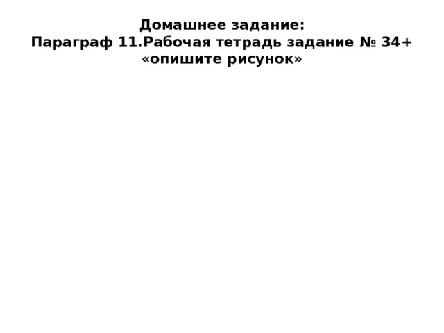 Домашнее задание:  Параграф 11.Рабочая тетрадь задание № 34+ «опишите рисунок» 