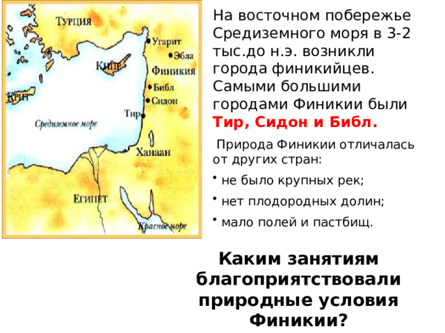 На восточном побережье Средиземного моря в 3-2 тыс.до н.э. возникли города финикийцев. Самыми большими городами Финикии были Тир, Сидон и Библ.  Природа Финикии отличалась от других стран:  не было крупных рек;  нет плодородных долин;  мало полей и пастбищ. Каким занятиям благоприятствовали природные условия Финикии?  