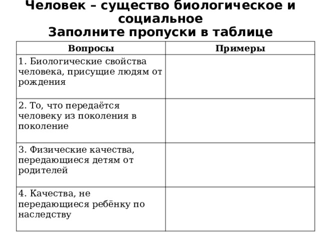 Человек – существо биологическое и социальное  Заполните пропуски в таблице Вопросы Примеры 1. Биологические свойства человека, присущие людям от рождения     2. То, что передаётся человеку из поколения в поколение     3. Физические качества, передающиеся детям от родителей     4. Качества, не передающиеся ребёнку по наследству     