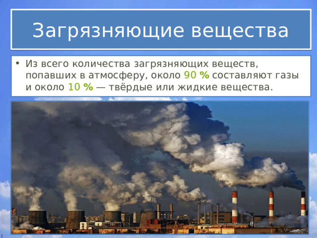 Загрязняющие вещества Из всего количества загрязняющих веществ, попавших в атмосферу, около  90   %  составляют газы и около  10   %  — твёрдые или жидкие вещества. 