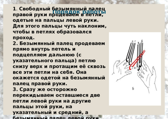 1 . Свободный безымянный палец правой руки продеваем в петли, одетые на пальцы левой руки. Для этого пальцы чуть наклоним, чтобы в петлях образовался проход.  2. Безымянный палец продеваем прямо внутрь петель и подцепляем дальнюю (с указательного пальца) петлю снизу верх и протащим её сквозь все эти петли на себя. Она окажется одетой на безымянный палец правой руки.  3. Сразу же осторожно перекидываем оставшиеся две петли левой руки на другие пальцы этой руки, на указательный и средний, а безымянный палец левой руки освободился для работы.     Порядок работы      