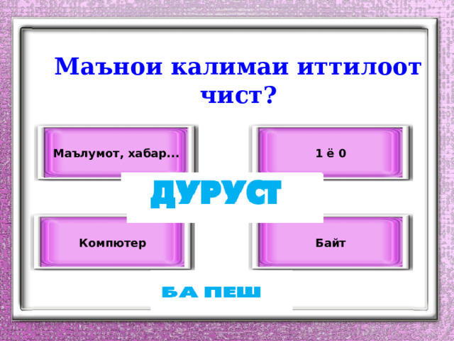 Маънои калимаи иттилоот чист? Маълумот, хабар... 1 ё 0 Компютер Байт 
