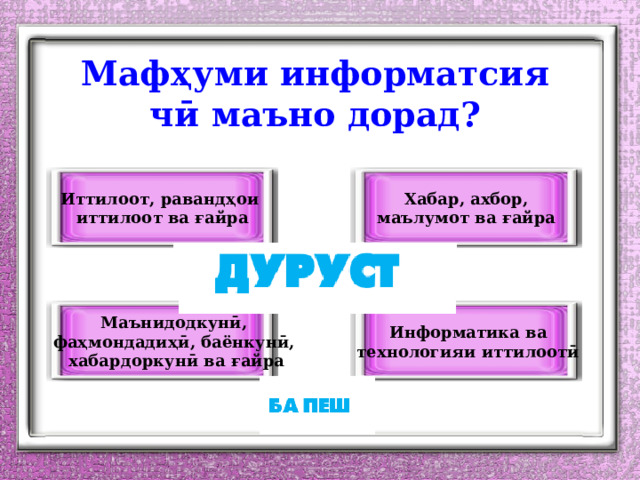 Мафҳуми информатсия чӣ маъно дорад? Хабар, ахбор, Иттилоот, равандҳои маълумот ва ғайра иттилоот ва ғайра Маънидодкунӣ, Информатика ва фаҳмондадиҳӣ, баёнкунӣ, технологияи иттилоотӣ хабардоркунӣ ва ғайра 