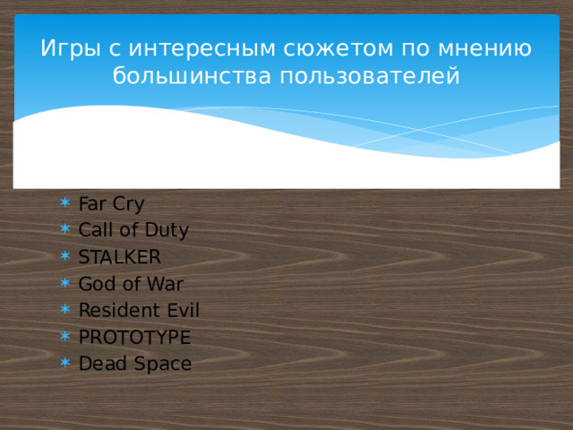 Игры с интересным сюжетом по мнению большинства пользователей Far Cry Call of Duty STALKER God of War Resident Evil PROTOTYPE Dead Space 