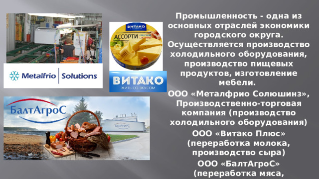 Промышленность - одна из основных отраслей экономики городского округа. Осуществляется производство холодильного оборудования, производство пищевых продуктов, изготовление мебели. ООО «Металфрио Солюшинз», Производственно-торговая компания (производство холодильного оборудования) ООО «Витако Плюс» (переработка молока, производство сыра) ООО «БалтАгроС» (переработка мяса, производство мясной продукции)  