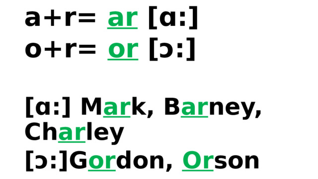 a+r= ar  [ɑ:] o+r= or [ɔ:]  [ɑ:] M ar k, B ar ney, Ch ar ley [ɔ:]G or don, Or son 