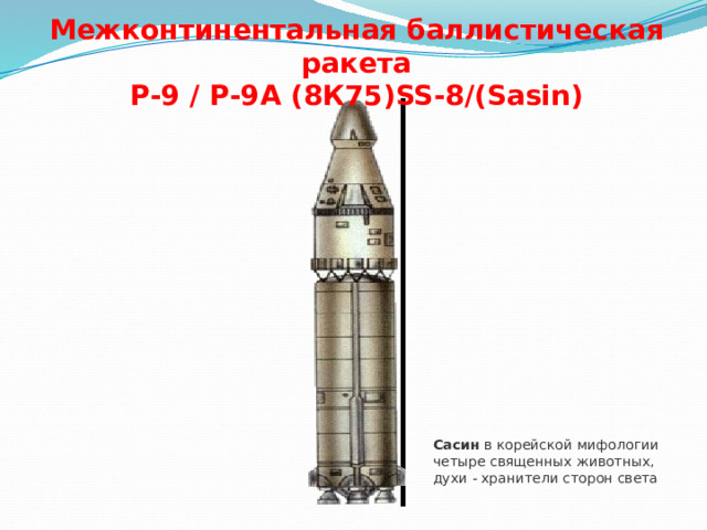 Межконтинентальная баллистическая ракета  Р-9 / Р-9А (8К75)SS-8/(Sasin) Сасин  в корейской мифологии четыре священных животных, духи - хранители сторон света 