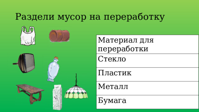 Раздели мусор на переработку Материал для переработки Стекло Пластик Металл Бумага 